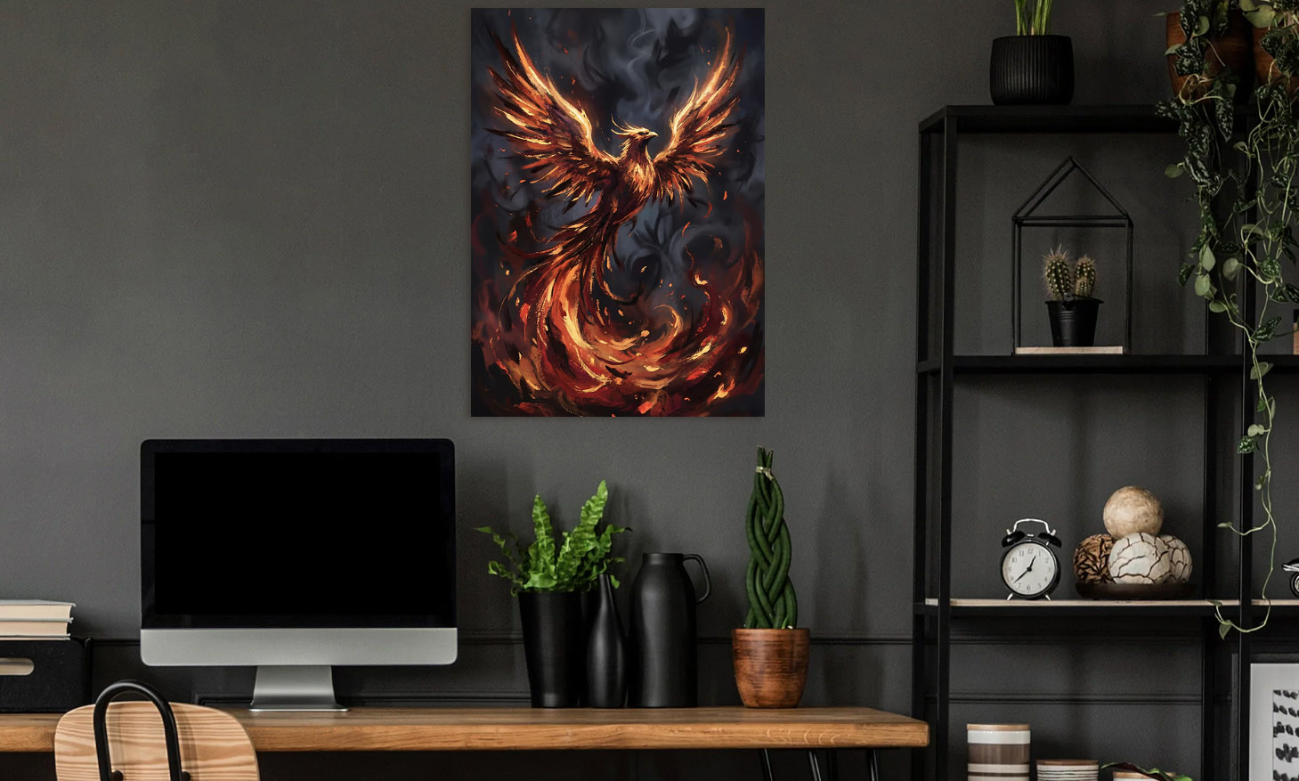 Fiery Phoenix Rising from Flames — metal poster wall art by Lineer